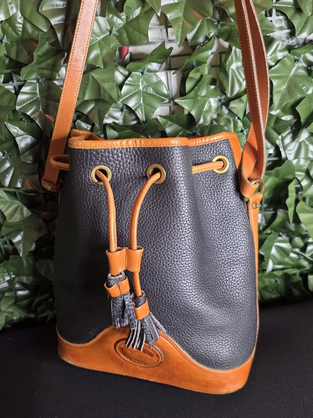 Vintage Dooney & Bourke Black and Tan Leather Bucket Bag